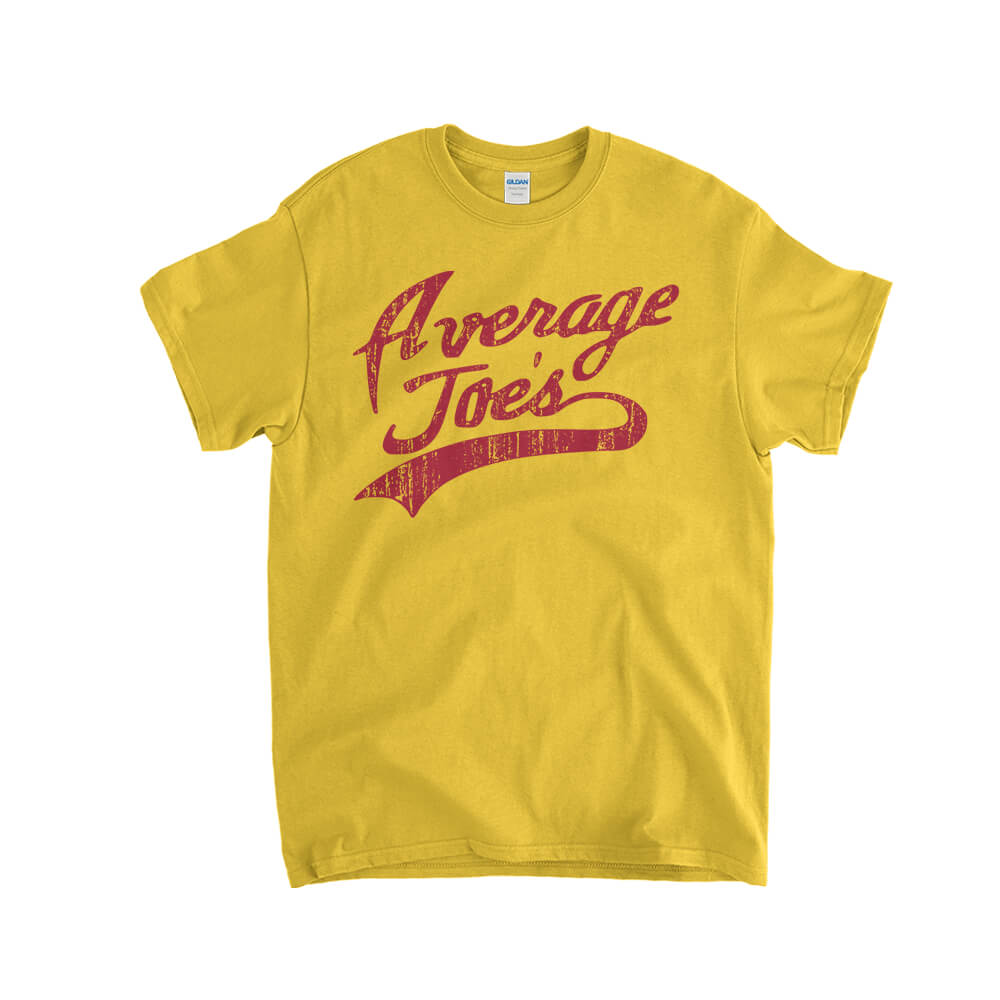 Yellow kids' Average Joes T-Shirt with red Dodgeball-inspired logo