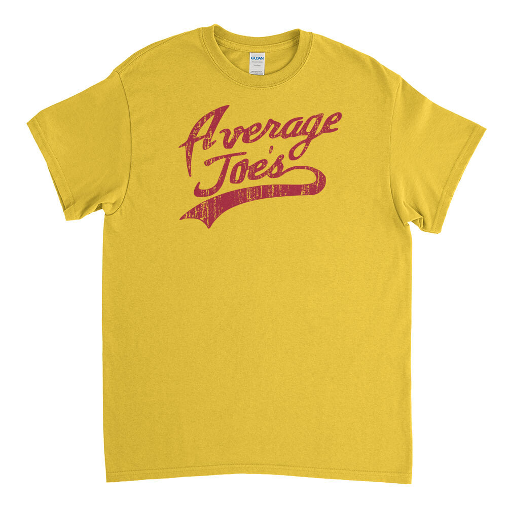 Yellow men's Average Joes T-Shirt with red Dodgeball-inspired logo