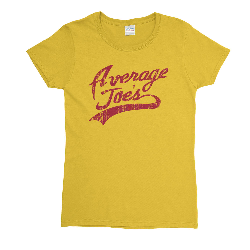Yellow women's Average Joes T-Shirt with red Dodgeball-inspired logo