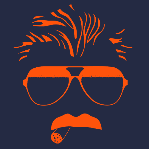 Orange Mike Ditka portrait graphic with sunglasses, mustache and cigar on navy